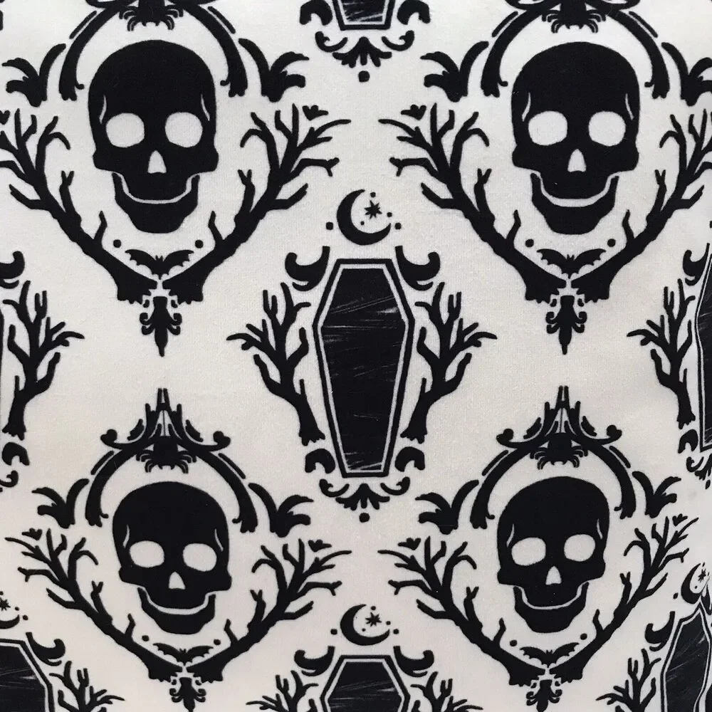 Skeleton Skull & Coffins Square Throw Pillow Plush Black White Gothic Decor 15